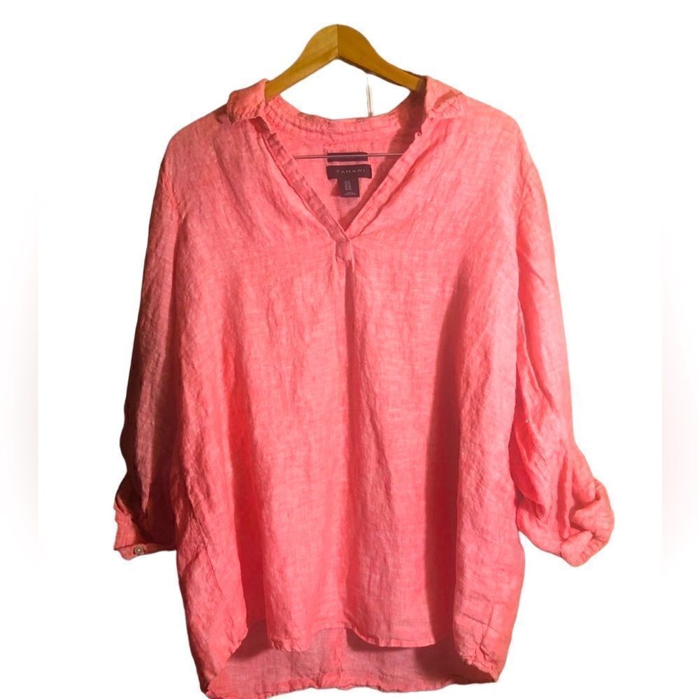 Tahari 100% Linen Popover Lagenlook Blouse With Roll Tab Sleeves & Back Buttons
